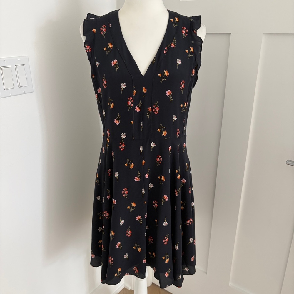Rebecca Taylor Black Silk Floral Dress Ruffle Sleeve FitFlare cottagecore Sz 4*D